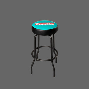 Bar stool with a turquoise seat featuring the Makita logo on a white background